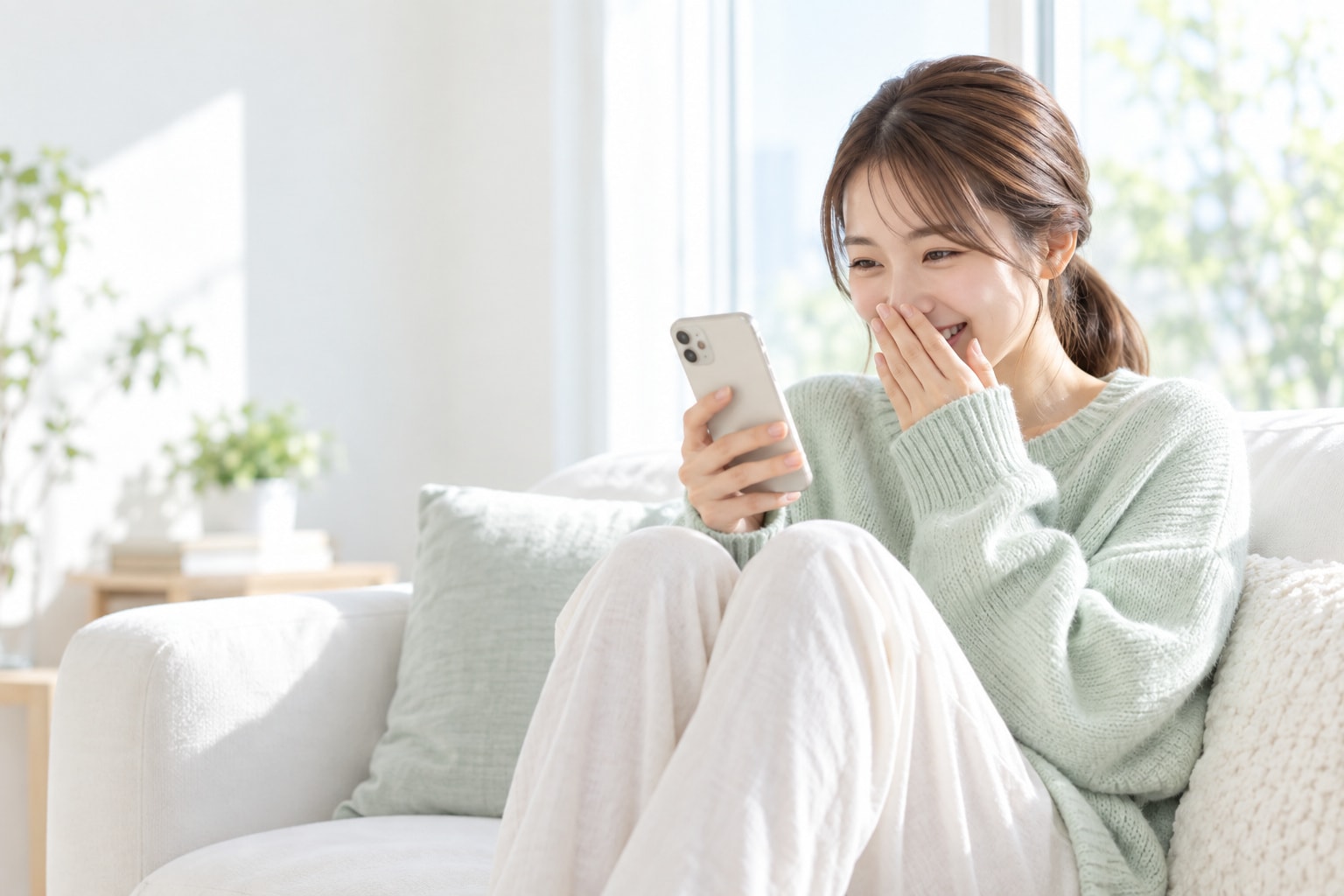 スマートフォンに届いたご紹介のメッセージを見て喜ぶ女性